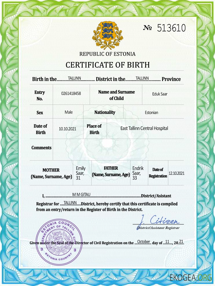 Modèle PSD de certificat de naissance d'état civil d'Estonie